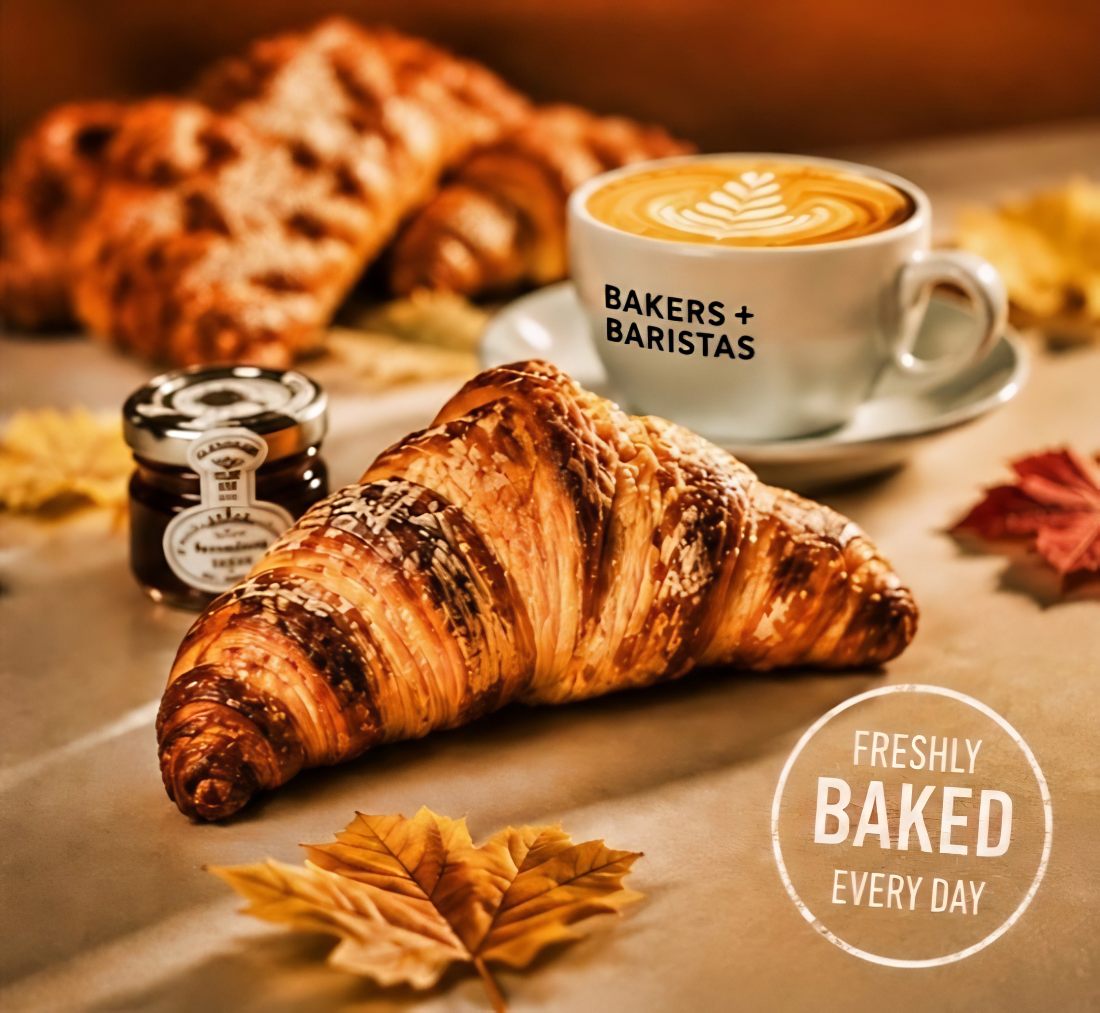 A golden-brown croissant sits on a table beside a white cup of latte coffee with leaf-shaped latte art and a small jar of jam. The scene is styled with autumn leaves and a blurred croissant in the background.